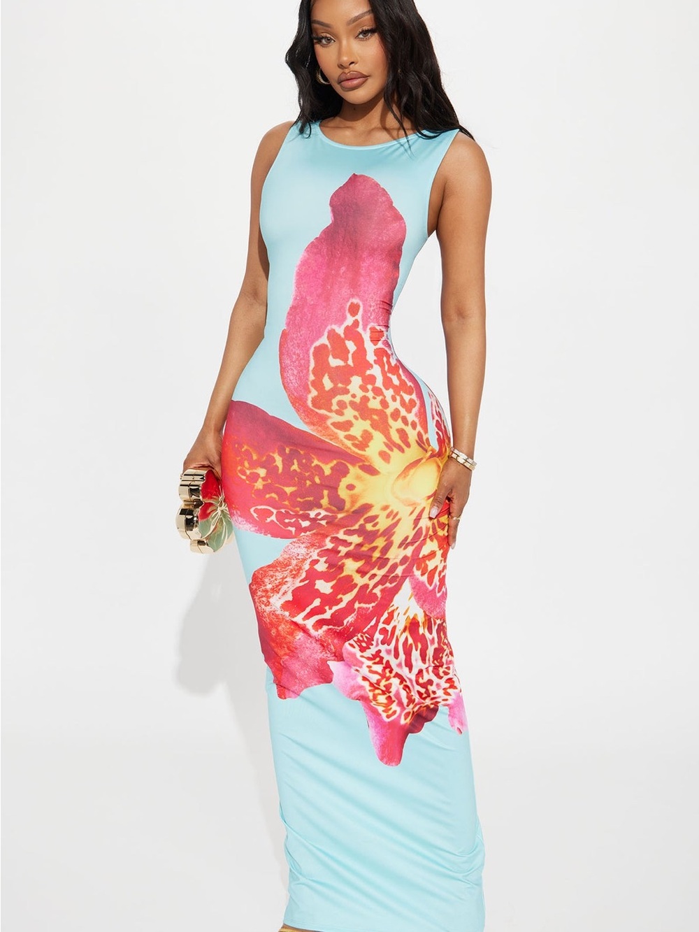 Fashion Nova Aqua Maxi Dress with Pink and Yellow Floral Graphic